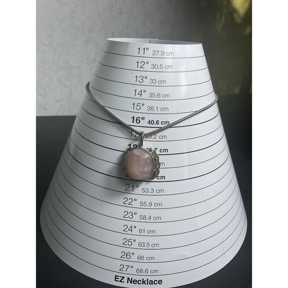 Silver Snake Chain Necklace With Rose Quartz Pendant - Picture 2 of 6